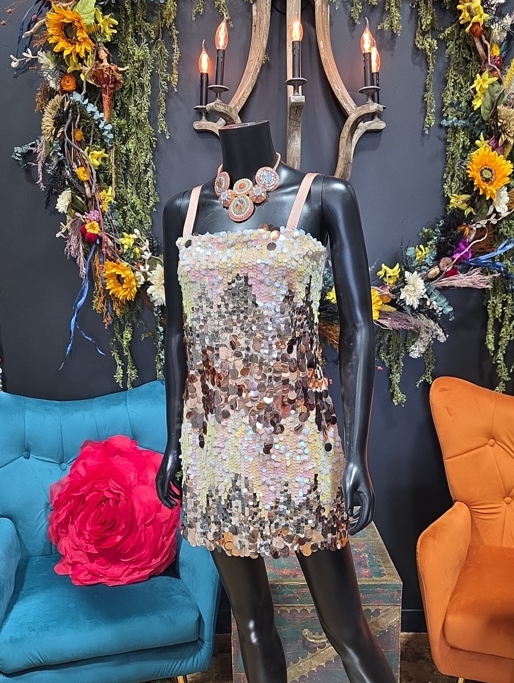 Luxxel Iridescent Sequin Mini Dress - Champagne, Rose, Gold